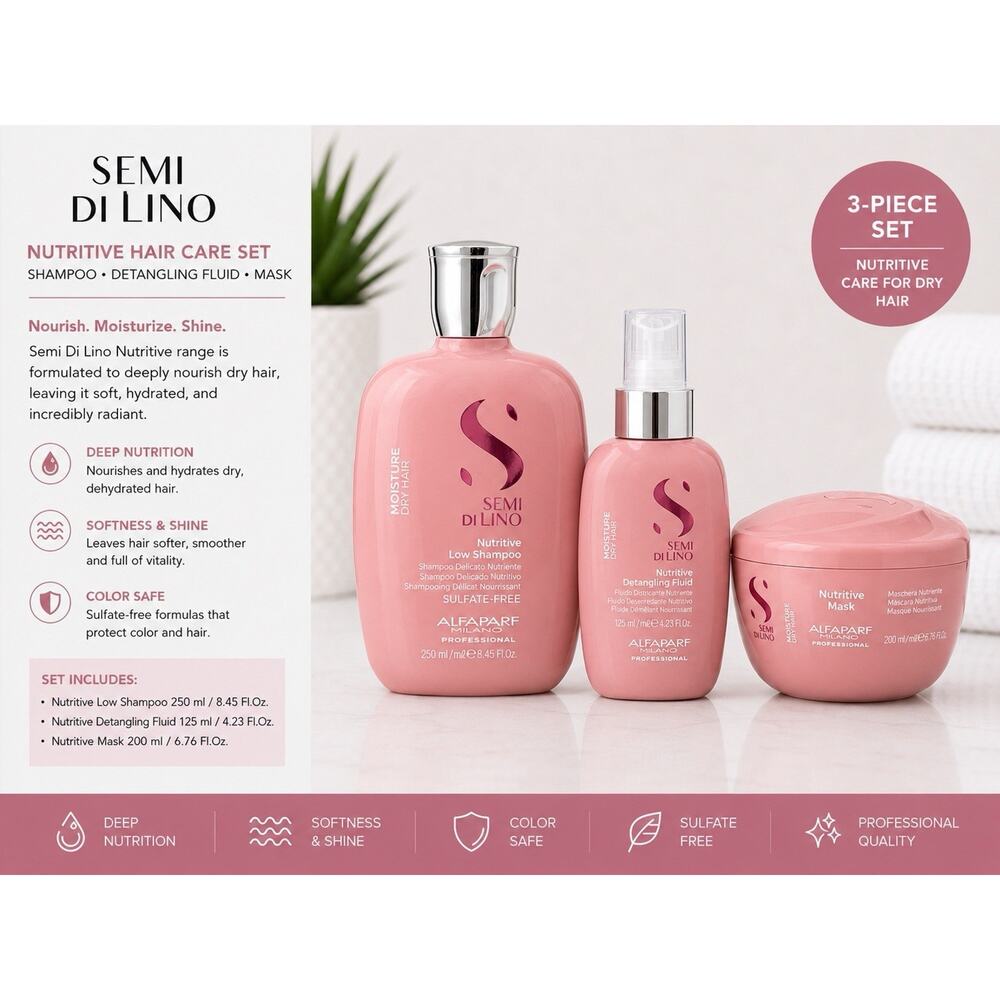Alfaparf Semi Di Lino Nutritive Set Shampoo Detangling Fluid Mask 3 Pc